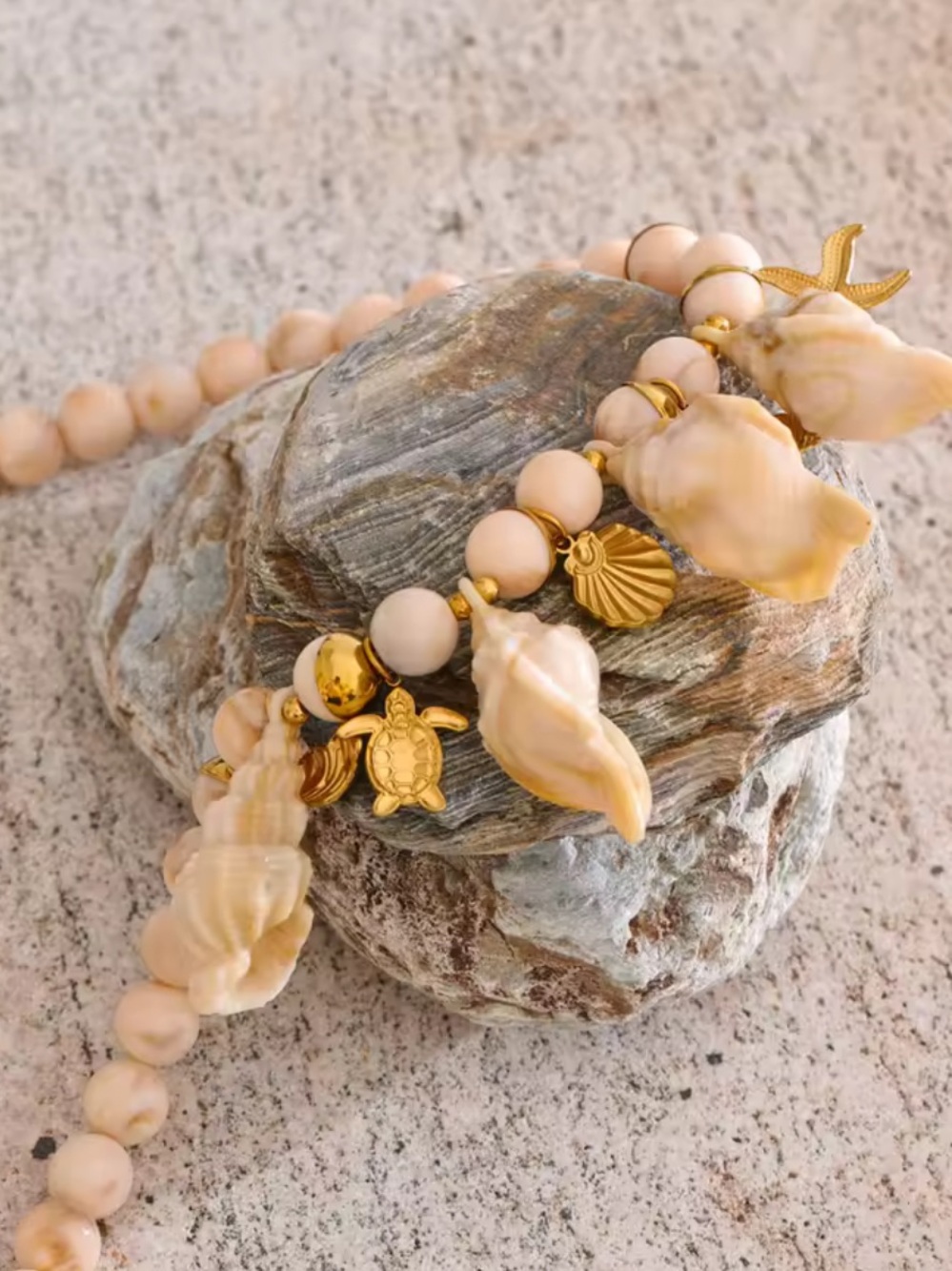 Couture Gold Cream Shell Charm Beaded Necklace - Picture 11 of 11